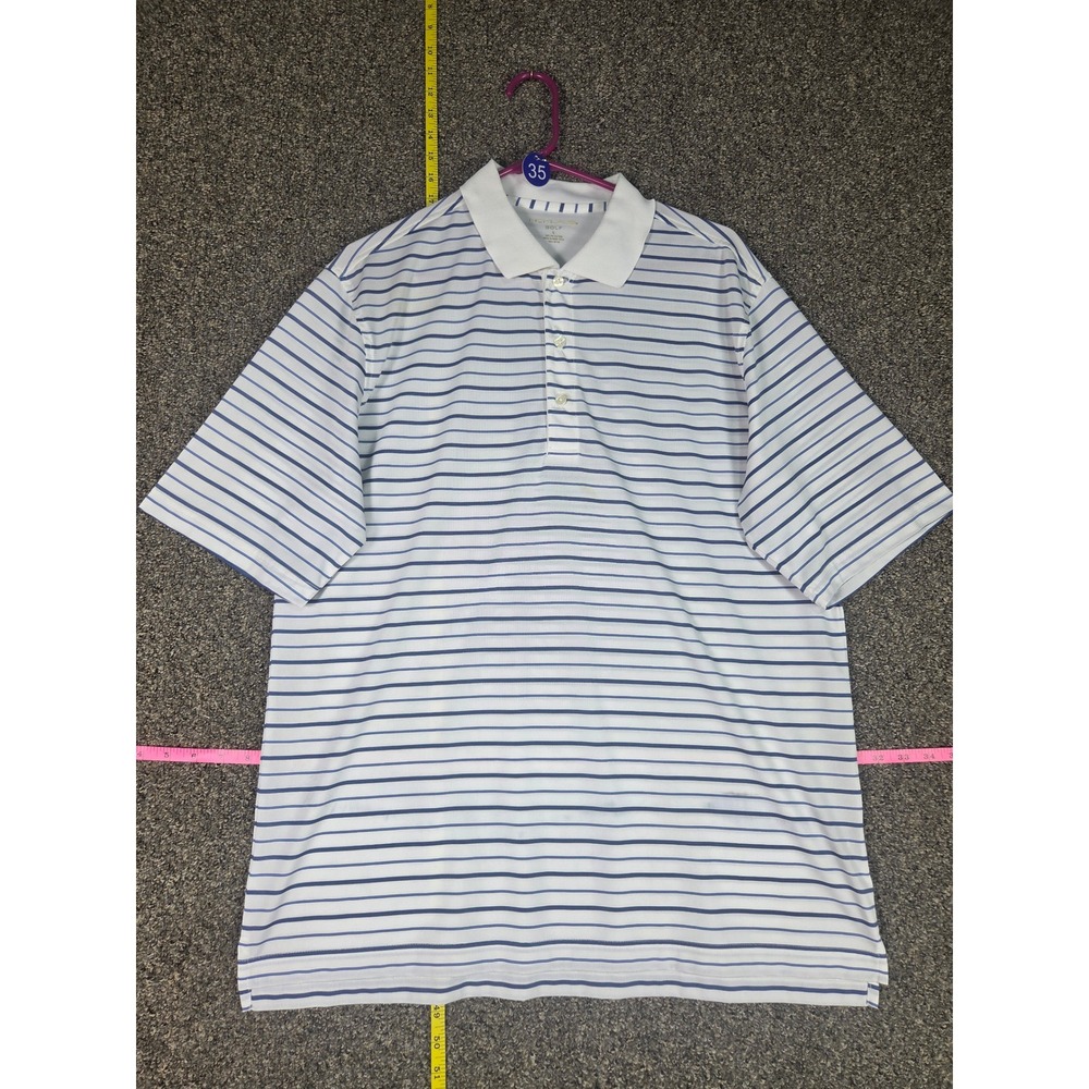 Nicklaus Golf Polo Shirt Mens L White Blue Striped Short Sleeve Polyester 10189